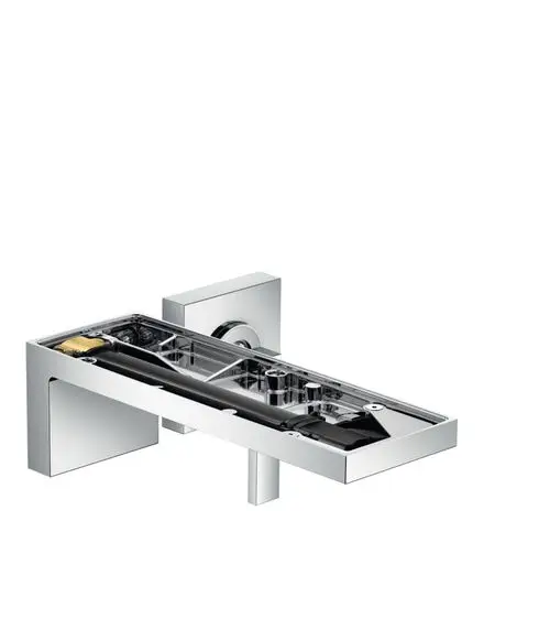 MyEdition Einhebel-Waschtischmischer von AXOR für die Wandmontage, mit einem geradlinigen Design und verchromter Oberfläche, ohne zusätzliche Platte sichtbar.